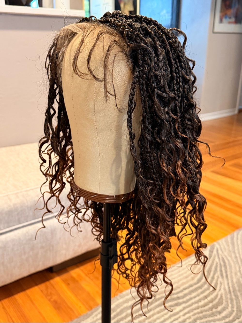 Synthetic Natural Black to Brown Ombre Braided Curly Wig Full Lace Cap #214 - Picture 2 of 16
